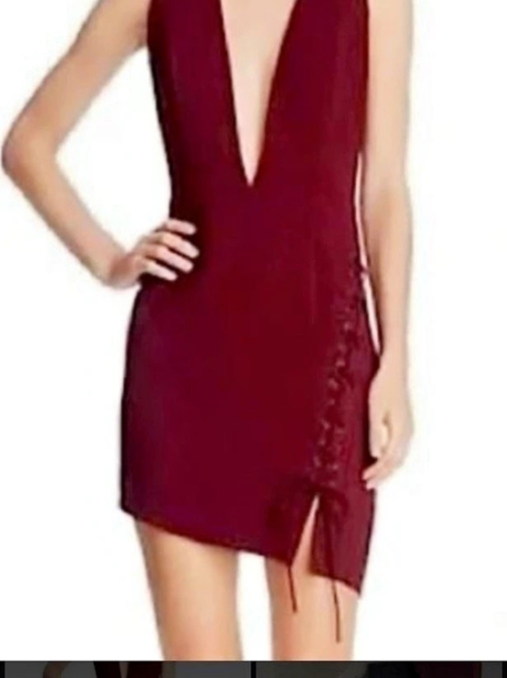 DO+BE 
Deep Plunge Asymmetrical Mini Dress Lacing Tie